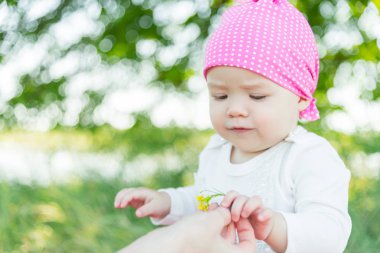 Gülümseyen çocuk çim pembe şapkalı. Şapka polka noktaları. Yeşil çim. Gülen çocuk. Çocuk bir çiçek alır.