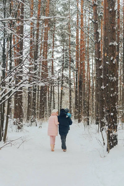 Una Famiglia Cammino Con Bambino Passeggiate Famiglia Nella Natura Inverno — Foto Stock