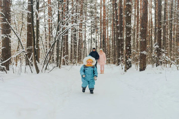 Walking family with a child. Family walks in nature in winter. Winter family walk in nature. A lot of snow.