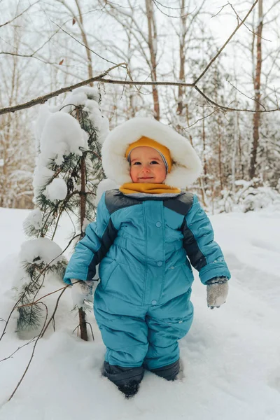 A child for a walk in the winter. Family walks in nature in winter. Family walk. Winter forest. Snow park. — Stock Photo, Image