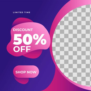 Sosyal medya hikayeleri ve gönderileri için modaya uygun bir şablon, vektör illüstrasyonu. Sosyal medya için tasarım geçmişi. Pembe Mor, gradyan instagram postası, bayrak satışı veya facebook, ürün tanıtımı