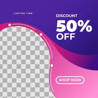 Sosyal medya hikayeleri ve gönderileri için modaya uygun bir şablon, vektör illüstrasyonu. Sosyal medya için tasarım geçmişi. Pembe Mor, gradyan instagram postası, bayrak satışı veya facebook, ürün tanıtımı