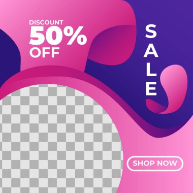 Sosyal medya hikayeleri ve gönderileri için modaya uygun bir şablon, vektör illüstrasyonu. Sosyal medya için tasarım geçmişi. Pembe Mor, gradyan instagram postası, bayrak satışı veya facebook, ürün tanıtımı