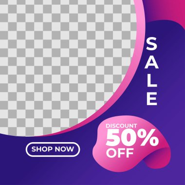 Sosyal medya hikayeleri ve gönderileri için modaya uygun bir şablon, vektör illüstrasyonu. Sosyal medya için tasarım geçmişi. Pembe Mor, gradyan instagram postası, bayrak satışı veya facebook, ürün tanıtımı