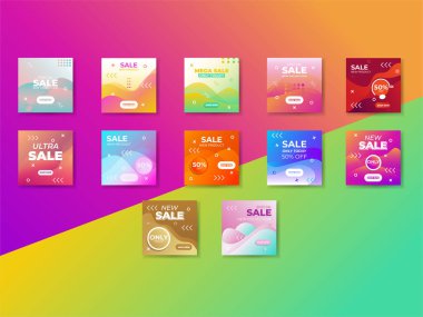 Sosyal medya hikayeleri ve gönderileri için modaya uygun bir şablon paketi. Sosyal medya için tasarım geçmişi. Gradyan renkli sosyal medya paylaşımı, pankart satışı. Arkaplan soyut geometrik. Pankart satışı.