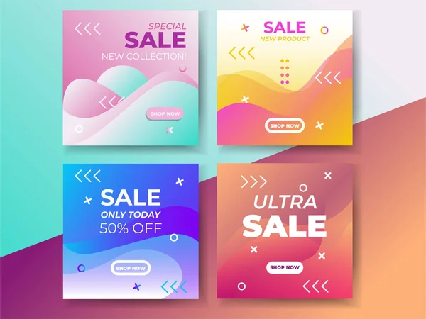 Sosyal medya hikayeleri ve gönderileri için modaya uygun bir şablon paketi. Sosyal medya için tasarım geçmişi. Gradyan renkli sosyal medya paylaşımı, pankart satışı. Arkaplan soyut geometrik. Pankart satışı.