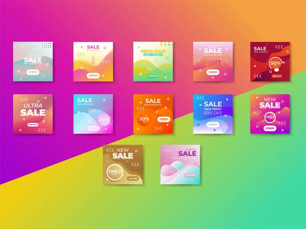 Sosyal medya hikayeleri ve gönderileri için modaya uygun bir şablon paketi. Sosyal medya için tasarım geçmişi. Gradyan renkli sosyal medya paylaşımı, pankart satışı. Arkaplan soyut geometrik. Pankart satışı.