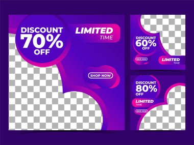 Kare afiş şablonu işi. Pembe ve mor arkaplan rengi. Sosyal medya paylaşımı, indirim ve internet reklamları için uygun. Fotoğraf kolajlı vektör illüstrasyonu. Modern Grafik Şablonu SancağıName.