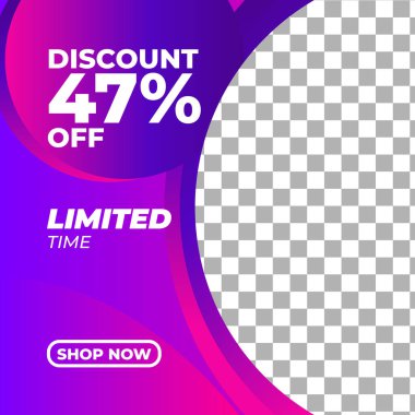 Kare afiş şablonu işi. Pembe ve mor arkaplan rengi. Sosyal medya paylaşımı, indirim ve internet reklamları için uygun. Fotoğraf kolajlı vektör illüstrasyonu. Modern Grafik Şablonu SancağıName.