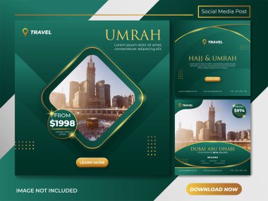 Lüks İslami umrah ve hacı sosyal medya posta şablonu tasarımı, seyahat hac ve umrah mecca İnternet reklamları için Premium. Sosyal medya paketi. İş sunum şablonu.