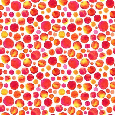 El sorunsuz polka noktalı desene boyalı. Kırmızı ve sarı renklerde soyut suluboya şekiller. Yazdırma için kullanılabilir: çanta, t-shirt, posterler, kartları ve web için: afiş, Bloglar, reklam.