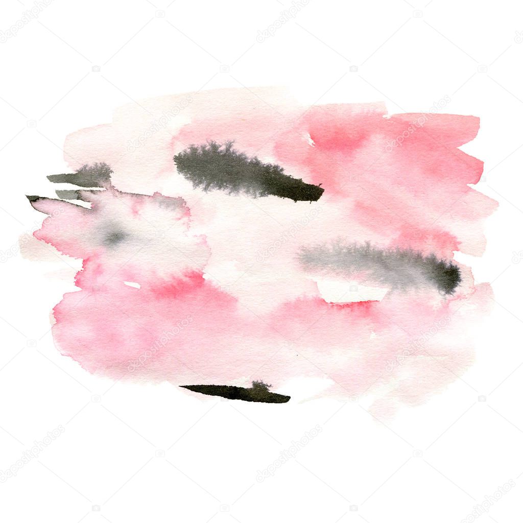 Hand painted watercolor background. Watercolor wash in black and pink colors. Modern brush illustration. Can be used for print: bags, t-shirts, posters, cards, and for web: banners, blog.