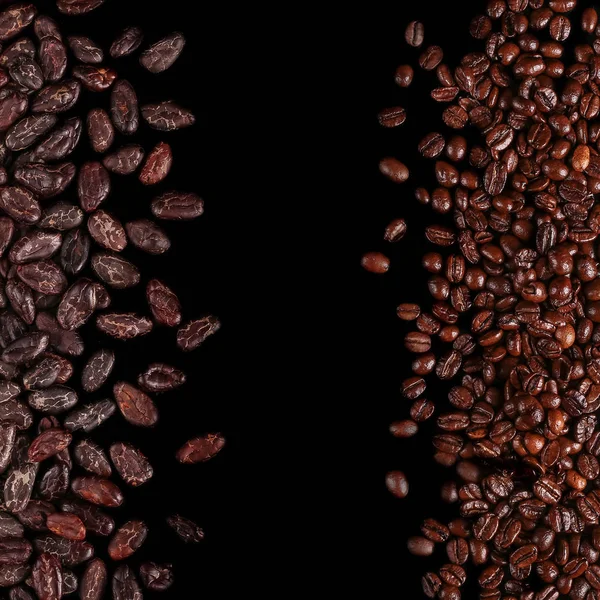 Habas Asadas Granos Cacao Granos Café Aislados Sobre Fondo Negro — Foto de Stock