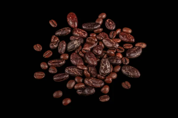 Habas Asadas Granos Cacao Granos Café Aislados Sobre Fondo Negro — Foto de Stock