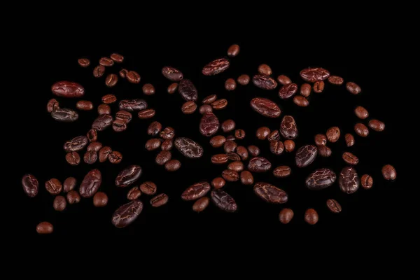 Habas Asadas Granos Cacao Granos Café Aislados Sobre Fondo Negro — Foto de Stock