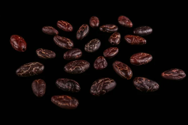 Pečené Fazole Kakaové Fazole Kávová Zrna Izolovaná Černém Pozadí — Stock fotografie
