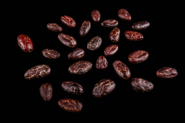 Habas Asadas Granos Cacao Granos Café Aislados Sobre Fondo Negro — Foto de Stock
