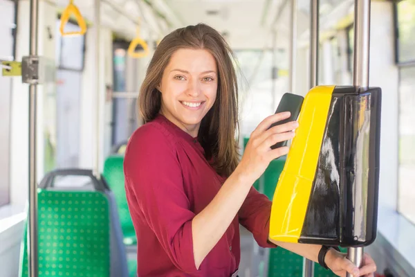 Female Woman Paying Conctactless Smartphone Public Transport Tram Yellow Ticket — Stock Photo, Image