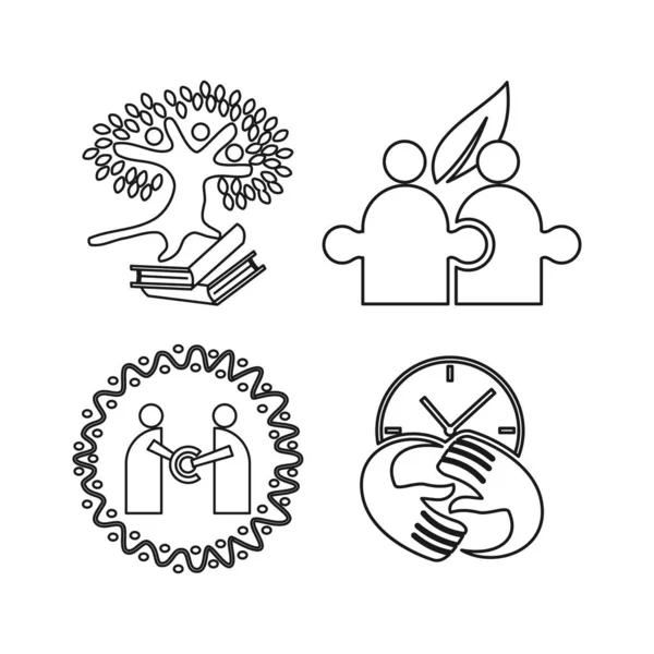 Buch Zeit Blatt Baum Engagement Teamarbeit zusammen umreißen Logo — Stockvektor