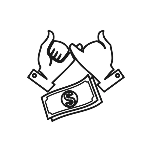 Pieniądze ręka zaangażowanie zespołowe razem logo zarys — Wektor stockowy