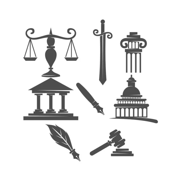 Logotipo del bufete de justicia Balance Sword Pillar Gavel Design icon Set — Archivo Imágenes Vectoriales
