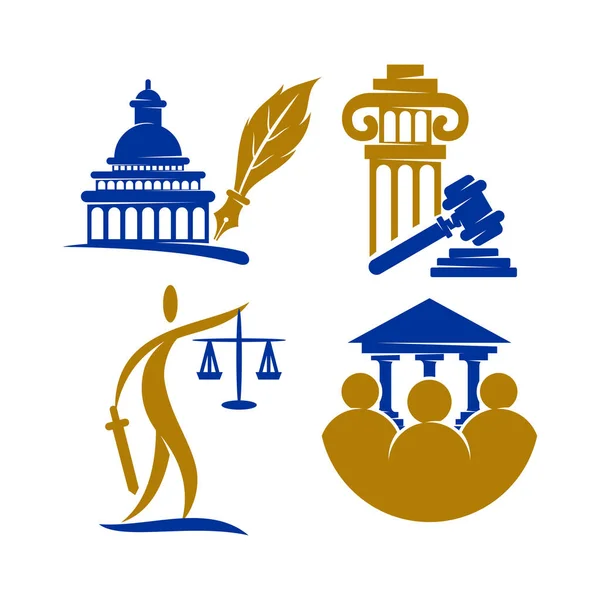 Logotipo del bufete de justicia Pilar Gavel Diseño Plantilla vectorial Set — Archivo Imágenes Vectoriales