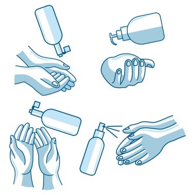 Yıkama el illüstrasyonu dezenfektanı sıvı sabun vektör simgesi 