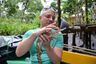 Bir adam küçük bir timsah elinde tutar. Sri Lanka'nın orman