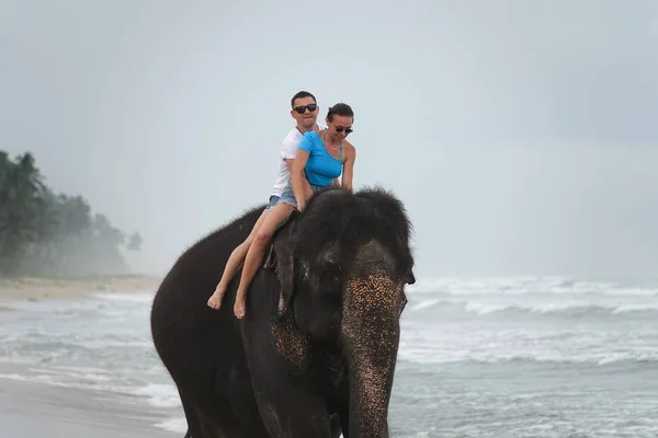 Giovane Coppia Sta Cavalcando Elefante Sullo Sfondo Una Spiaggia Tropicale — Foto Stock
