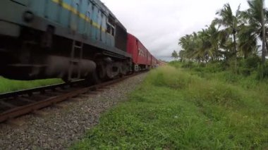 Wadduwa, Sri Lanka - 12 Mayıs 2018: Yolcu treni yerleşim alanı ve Sri Lanka ormanda geçer.
