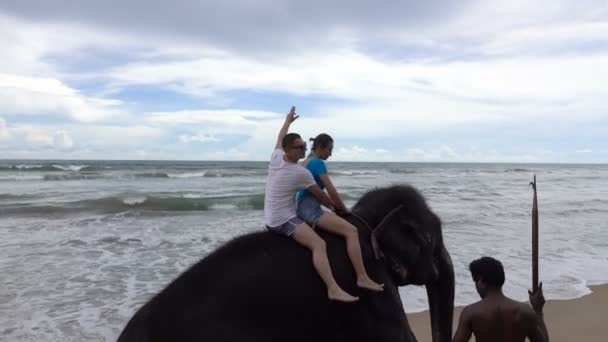 ワドゥワ スリランカ 2018 地元の人は男と女の子が象を降りるのを助けます スリランカの海岸 — ストック動画