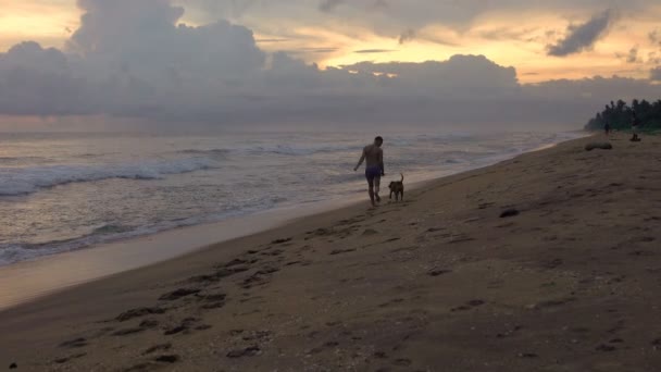 犬を持つ若い男は 日没時に熱帯の海のビーチに沿って実行します — ストック動画