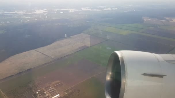 フィールド上を飛行する飛行機からの眺め 飛行平面のタービンの眺め — ストック動画