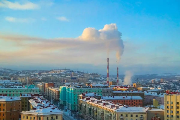017 Murmansk Stad Vinter Vacker Antenn Air Vintern Pulserande Murmansk — Stockfoto