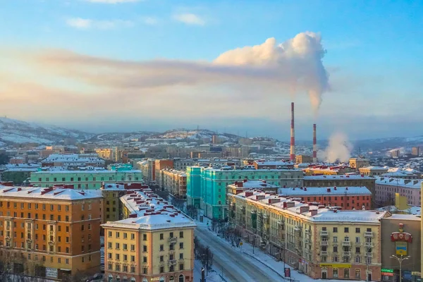 016 Murmansk Plaats City Winter Mooie Luchtfoto Lucht Winter Levendige — Stockfoto