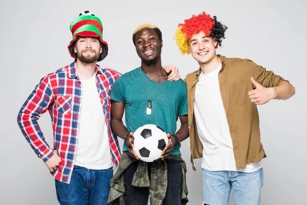 Três Fãs Equipes Esportivas Celebram Vitória Apoiam Suas Equipes Isoladas — Fotografia de Stock