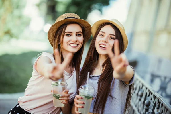 Retrato Duas Garotas Sorridentes Acenando Para Câmera Enquanto Estavam Livre — Fotografia de Stock