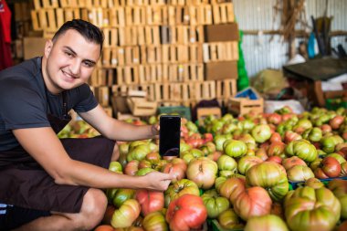 Genç adam için kopya alanı sera domateslere yanında belgili tanımlık telefon perde çekti.
