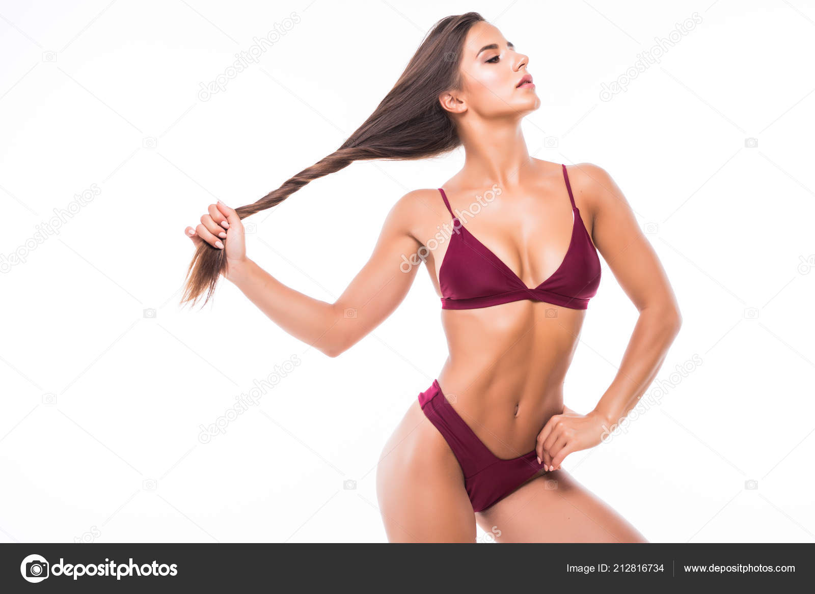 Sexy Young Woman Large Breasts Her Hair Hands Posing Bikini Stock