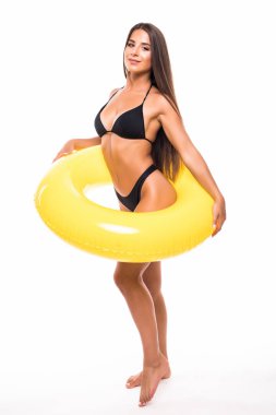 Beach tarzı seyahat daydream kavramı. Pozitif kız bakmak-den geçerek beyaz arka plan üzerinde dinlenme zevk renkli Lastik tutkallar