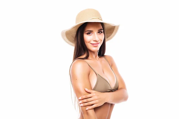 Ritratto Donna Corpo Perfetta Bikini Grande Cappello Paglia Sfondo Bianco — Foto Stock