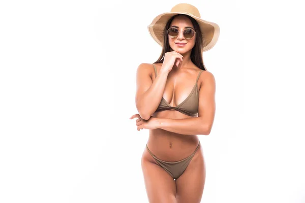 Ritratto Donna Bikini Occhiali Sole Isolato Bianco Concetto Vacanze Estive — Foto Stock
