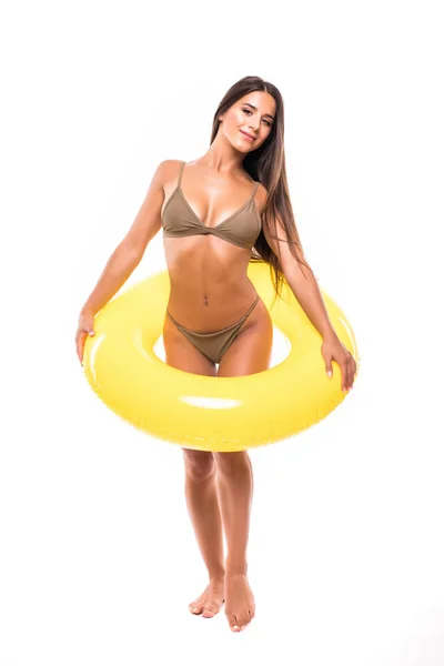 Full Body Sexy Woman Swimsuit Yellow Inflatable Ring Isolated White — Stock Photo, Image