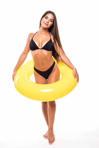 Mujer Cuerpo Completo Bikini Con Anillo Inflable Amarillo Aislado Sobre — Foto de Stock