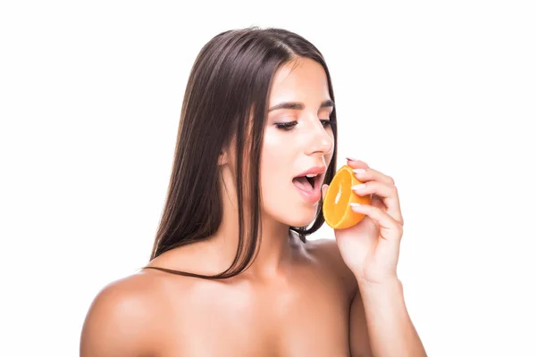 Vitality Concept Portrait Enjoyed Appealing Woman Covering Eyes Citrus Slices — Stock Photo, Image