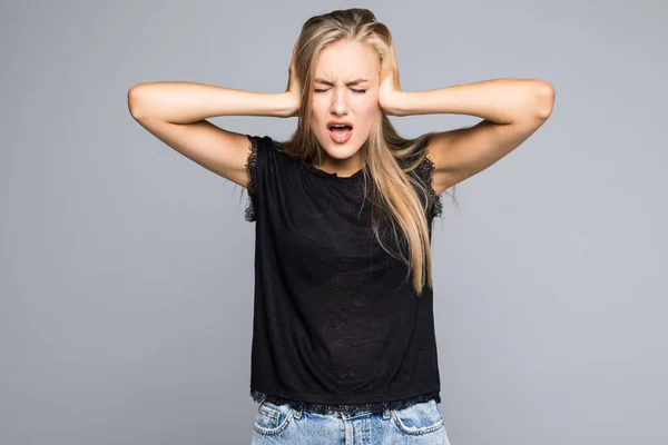 Portrait Angry Stressed Woman Covering Ears Palms Shouting Isolated Gray — Stock Photo, Image