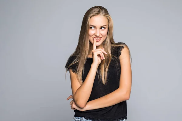 Dudak Için Düşünme Jest Parmakla Gösterilen Genç Bayan Portresi Ağzı — Stok fotoğraf