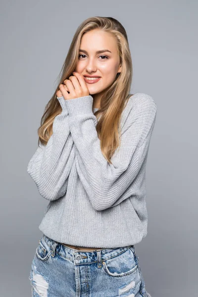 Portrait Happy Smiling Woman Sweater Hands Face Looking Away Isolated — Stock Photo, Image