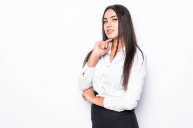 Güzel düşünce iş izole kadın beyaz arka plan