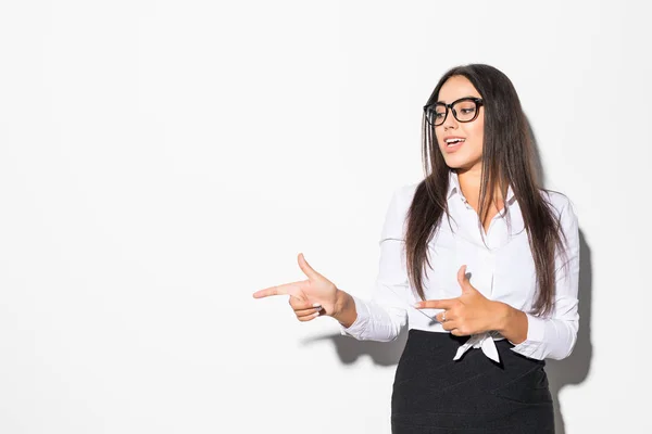 Businesswoman Finger Point Aside White Background — Stock Photo, Image